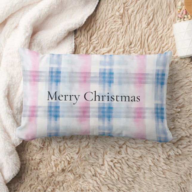 Pink Blue White Plaid Stripes Christmas Lumbarkudde (Filt)