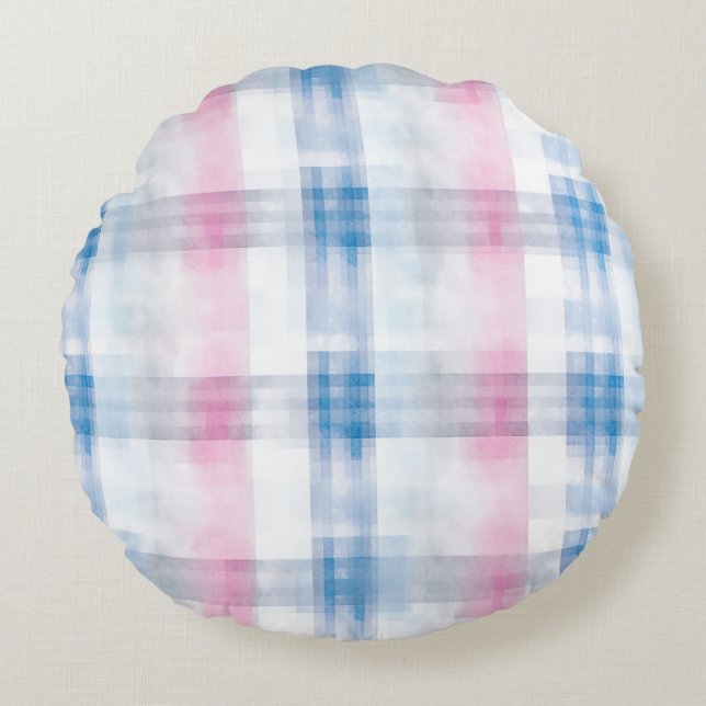 Pink Blue White Plaid Stripes Rund Kudde (Framsidan)