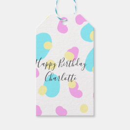 Pink blue yellowhappy birthday kids shapes abstrac presentetikett