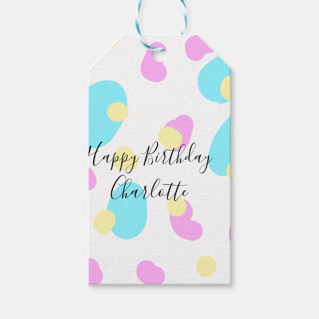 Pink blue yellowhappy birthday kids shapes abstrac presentetikett (Framsidan)
