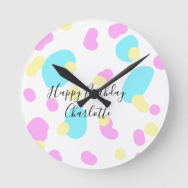 Pink blue yellowhappy birthday kids shapes abstrac rund klocka
