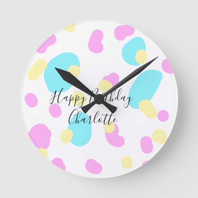 Pink blue yellowhappy birthday kids shapes abstrac rund klocka (Framsida)
