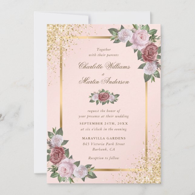 Pink Blush and Gold Confetti Floral Wedding Inbjudningar (Framsida)