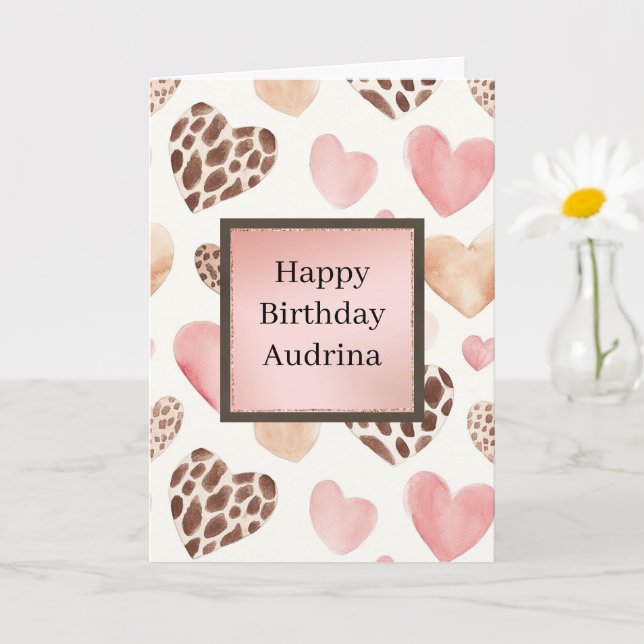 Pink Blush Cream Leopard Hearts Birthday Kort (Liten växt)
