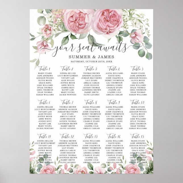 Pink Blush Floral Flowers Wedding Seating Chart Poster (Framsidan)