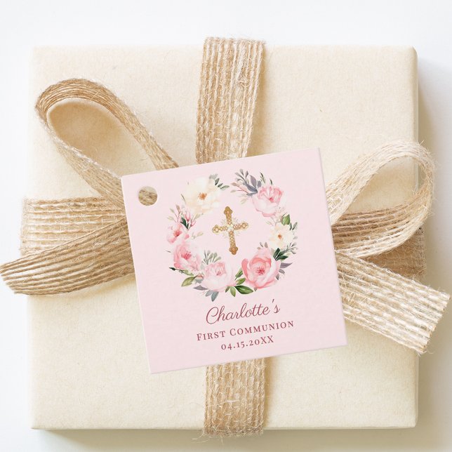 Pink blush floral wreath First Communion DIY Gåvor Etiketter (Skapare uppladdad)