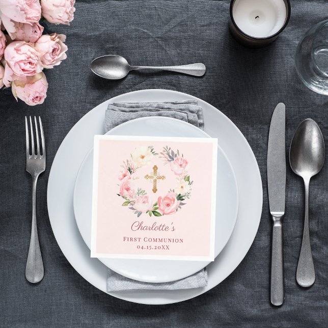 Pink blush floral wreath girl First Communion Pappersservett (Skapare uppladdad)