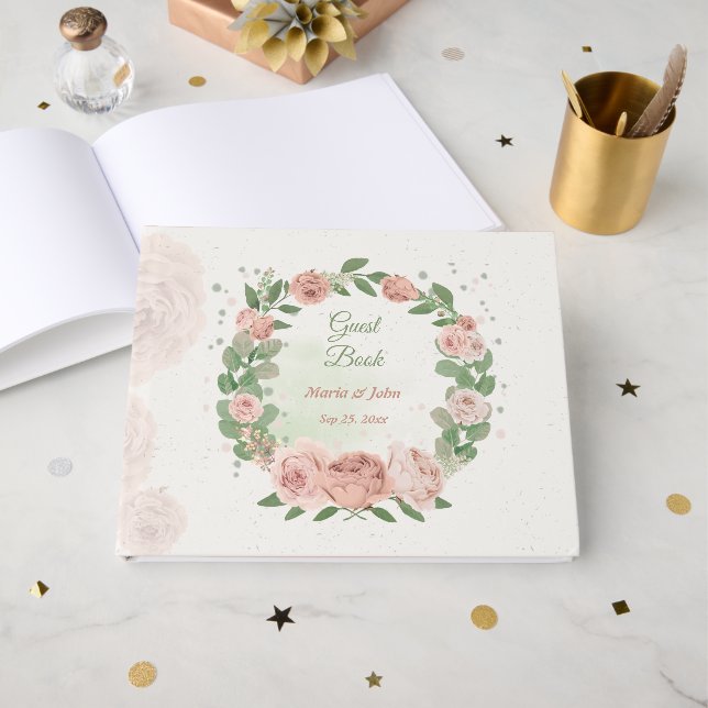 pink blush flowers sage green leaves guest book gästböcker (Framsida Öppen)
