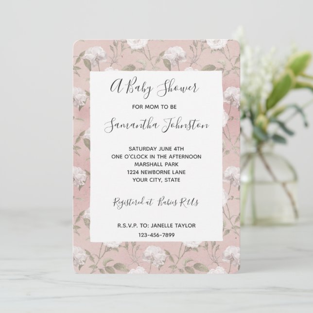 Pink Blush Rose White Floral Baby Shower Inbjudningar (Stående Fram)
