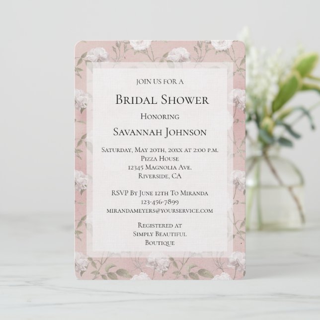 Pink Blush Rose White Floral Bridal Shower  Inbjudningar (Stående Fram)