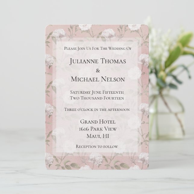 Pink Blush Rose White Floral Romantic Wedding Inbjudningar (Stående Fram)