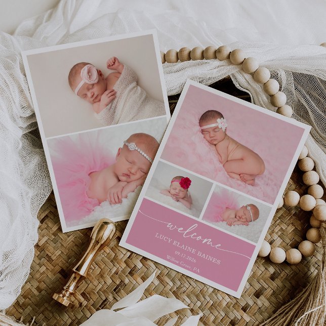 Pink Blush Welcome Baby Photo Announcement Card Inbjudningar (Skapare uppladdad)