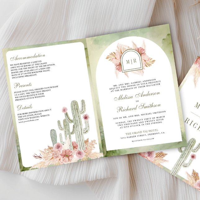 Pink Boho Floral Pampas Cactus QR Code Wedding Inbjudan (Skapare uppladdad)