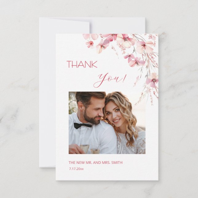 Pink Boho  Flowers Thank You Card Tack Kort (Framsida)