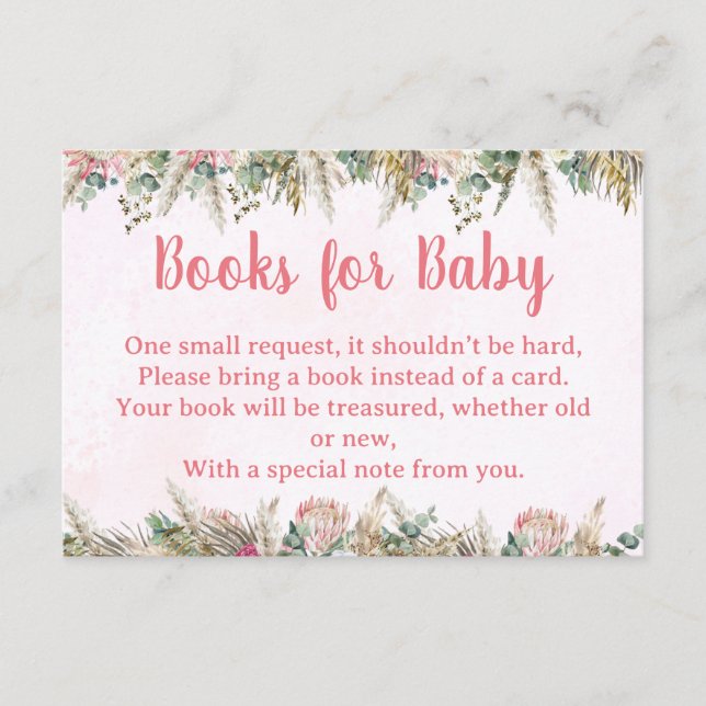 Pink Boho Pampas Grass Books for Baby Request Card Tilläggskort (Framsida)