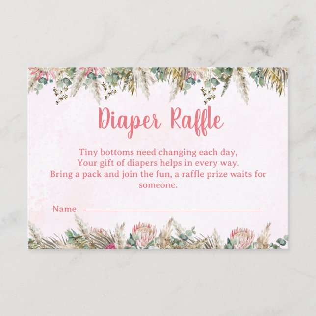 Pink Boho Pampas Grass Diaper Raffle Ticket Tilläggskort (Framsida)