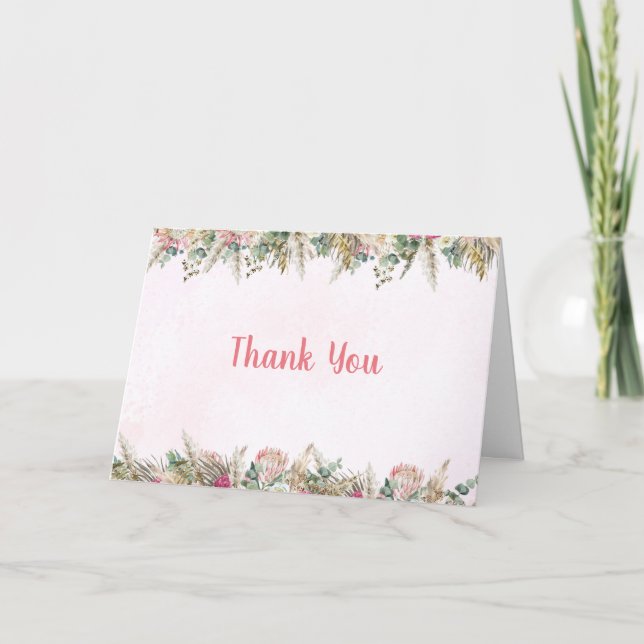 Pink Boho Pampas Grass Floral Folded Thank You Tack Kort (Framsida)