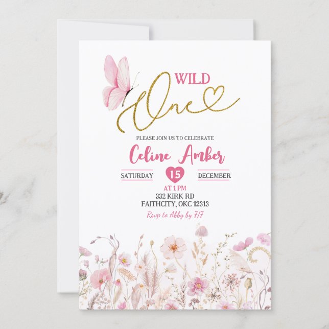 Pink Boho Wildflower Butterfly First Birthday Inbjudningar (Framsida)