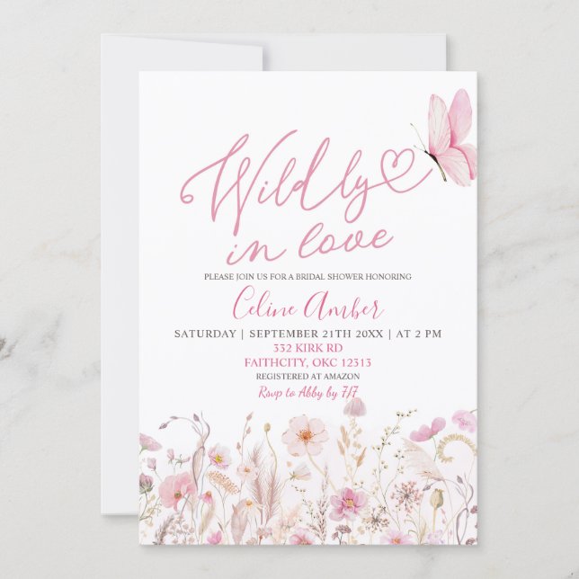 Pink Boho Wildflower Wildly in Love Bridal Shower Inbjudningar (Framsida)