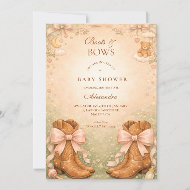 Pink Boots And Bows Girl Baby Shower Inbjudningar (Framsida)