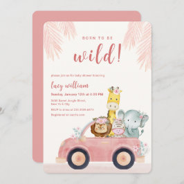 Pink Born To Be Wild Safari Animals Baby Shower Inbjudningar