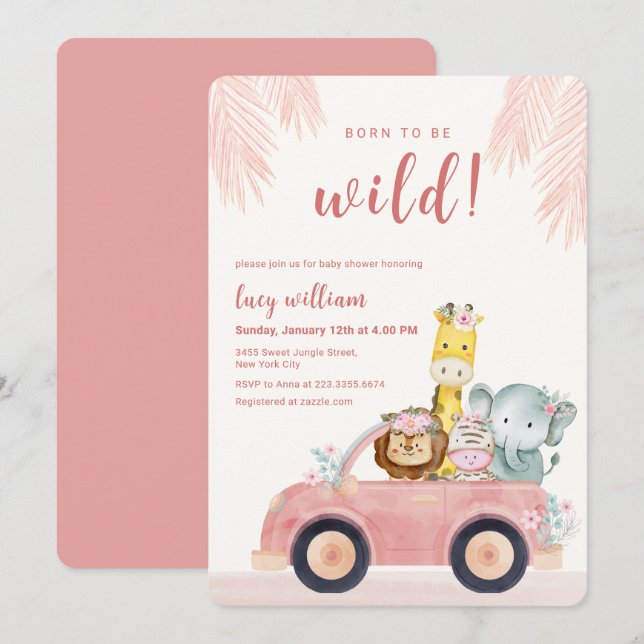 Pink Born To Be Wild Safari Animals Baby Shower Inbjudningar (Fram/baksida)