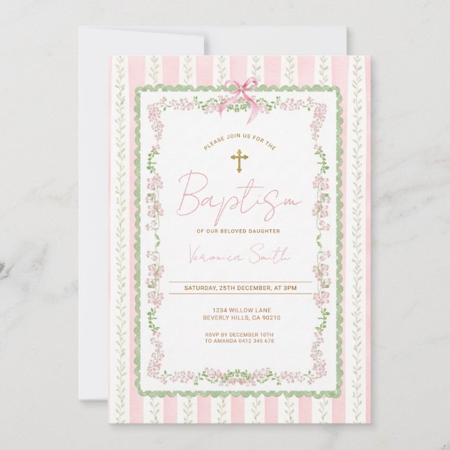 Pink Botanical Baptism Girl Christening Invitation Inbjudningar (Framsida)