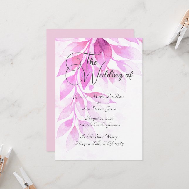 Pink Botanical Wedding Invitation Inbjudningar (Fram/Back In Situ)