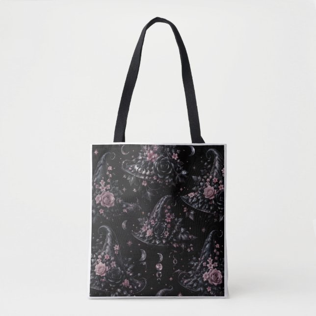Pink Botanical Witch Halloween Tote Bag Tygkasse (Framsida)