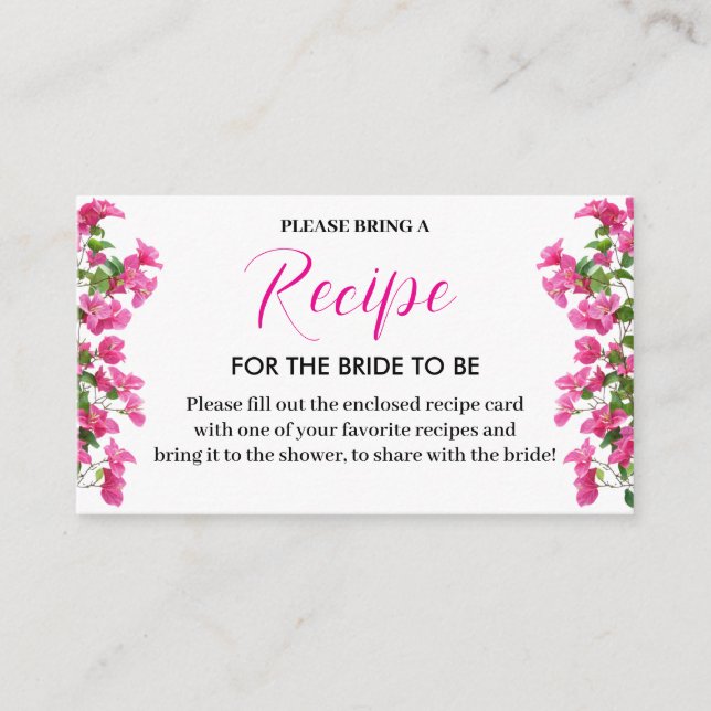 Pink Bougainvillea Floral Bridal Recipe Card Tilläggskort (Framsida)