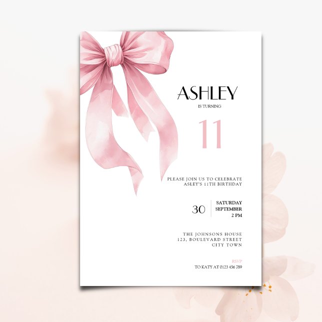 Pink Bow 11th Birthday Invitation for Girls Inbjudningar (Skapare uppladdad)