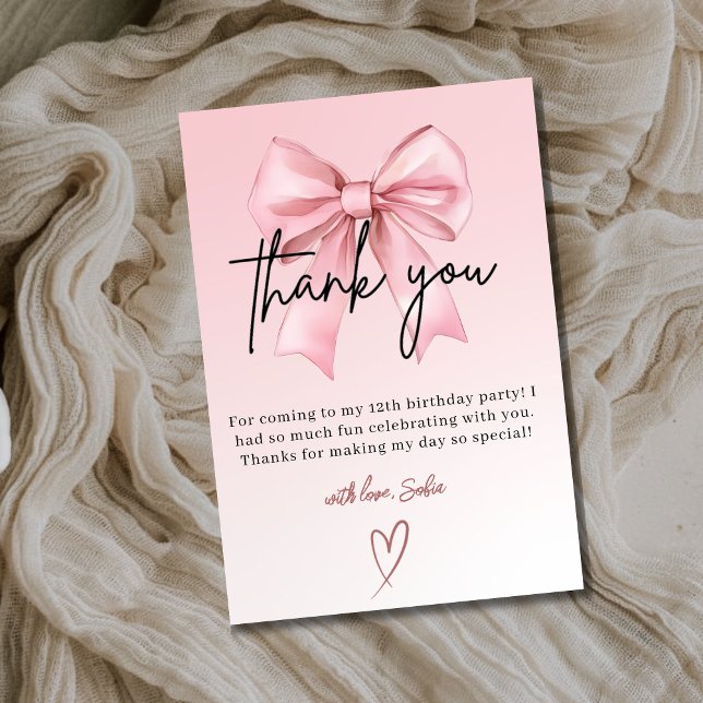 Pink Bow 12th Birthday Thank You Card Tack Kort (Skapare uppladdad)