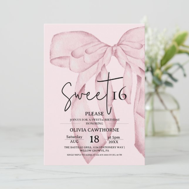 Pink Bow 16th Birthday ⎮ Elegant Sweet 16 Inbjudningar (Stående Fram)