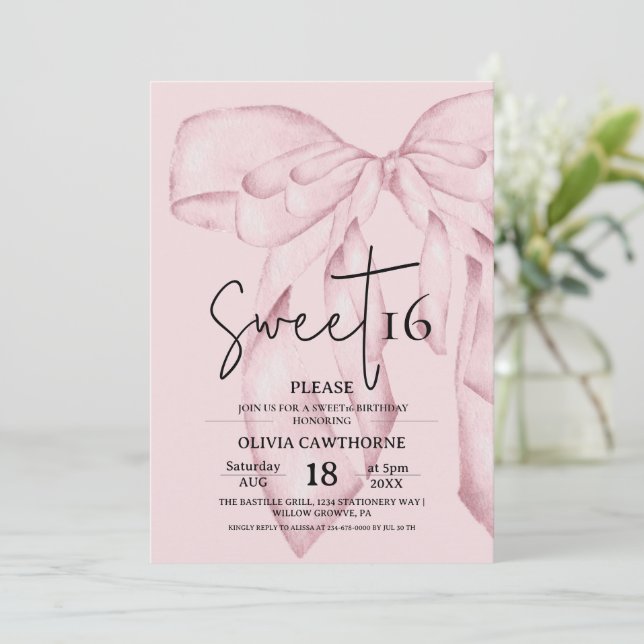 Pink Bow 16th Birthday ⎮Modern Elegant Sweet 16 Inbjudningar (Stående Fram)