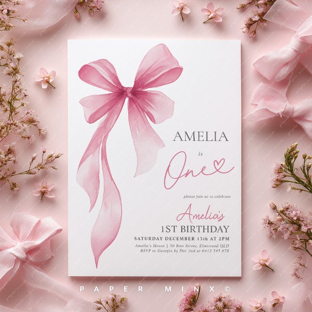 Pink Bow 1st Birthday Girl Coquette  Inbjudningar (1st Birthday invite | Girls pink bow invitation)