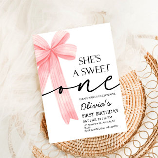 Pink Bow 1st Birthday Inbjudningar