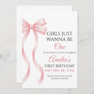 Pink Bow 1st Birthday Invitation for Baby Girl Inbjudningar