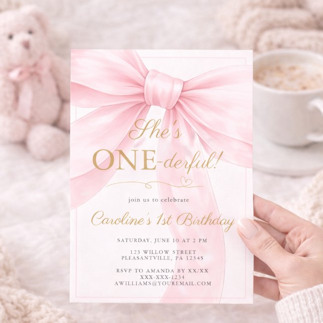 🎀 Pink Bow 1st Birthday Invitation 💕 Inbjudningar (Skapare uppladdad)