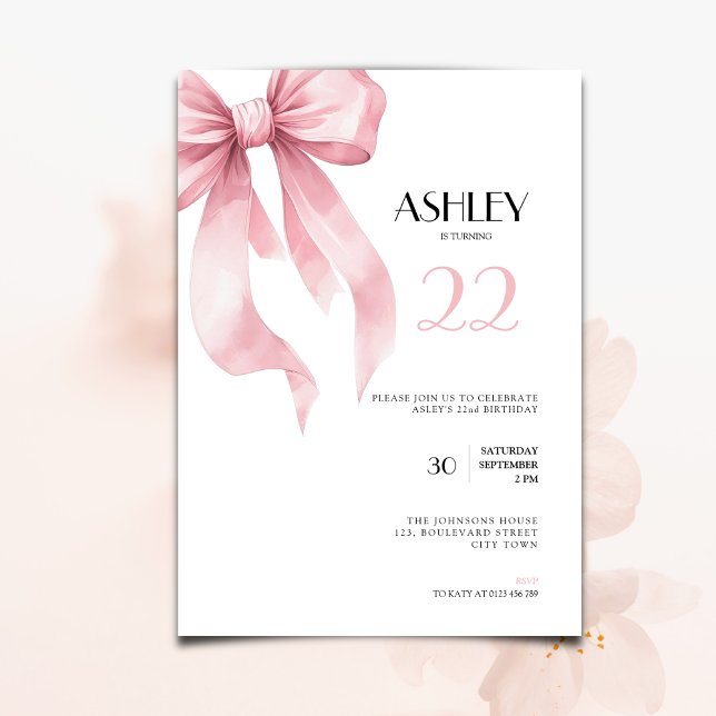 Pink Bow 22nd Birthday Invitation for Girls Inbjudningar (Pink bow coquette 22nd birthday invitation for girls and woman
)