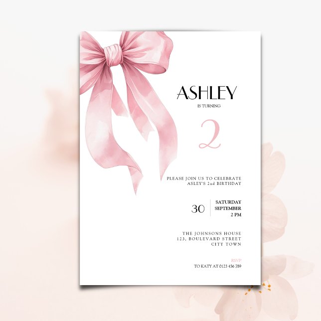 Pink Bow 2nd Birthday Invitation for Girls Inbjudningar (Pink bow coquette ribbon 2nd birthday invitation for girls.)