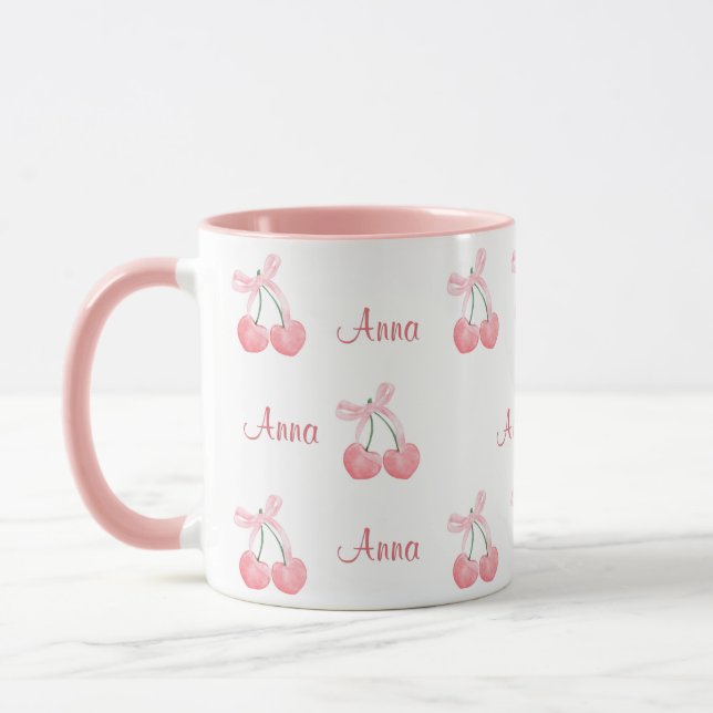 Pink Bow and Cherry Personalized Custom Girl Name Mugg (Vänster)
