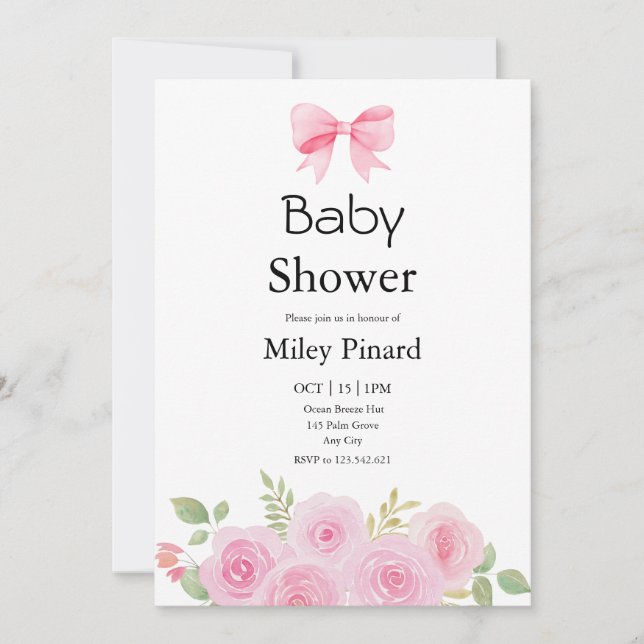 Pink Bow and Floral Baby Shower Invitation Inbjudningar (Framsida)