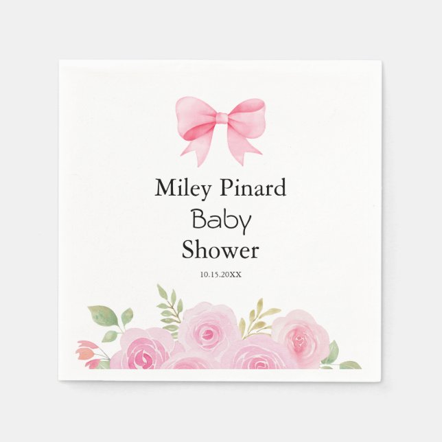 Pink Bow and Floral Baby Shower Pappersservett (Framsidan)