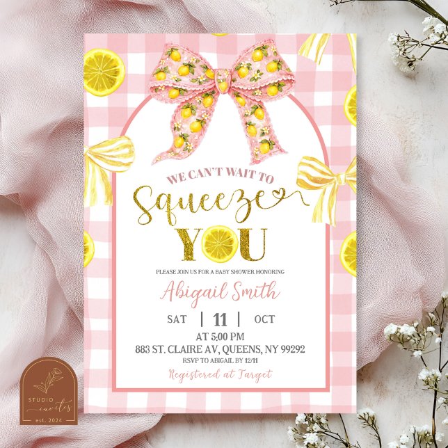 Pink Bow and Yellow Lemon Baby Shower Invitation Inbjudningar (Skapare uppladdad)