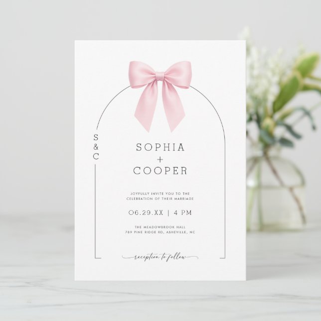 Pink Bow Arch Modern Serif Wedding Invitation Inbjudningar (Stående Fram)
