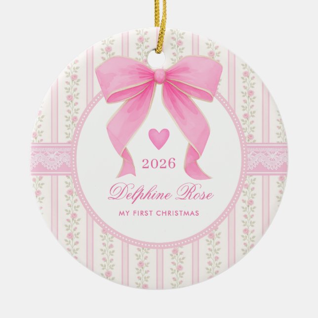 Pink Bow Baby 1st Christmas Coquette Floral Photo Julgransprydnad Keramik (Framsidan)
