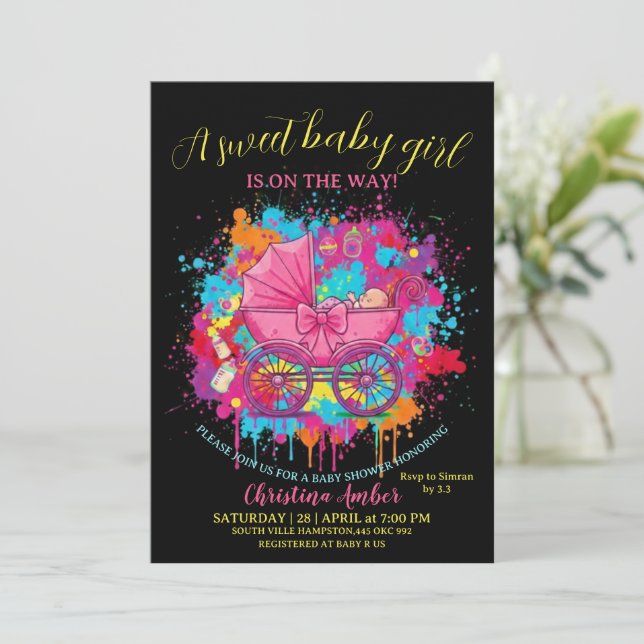Pink Bow Baby Carriage Girl Baby Shower Invitation Inbjudningar (Stående Fram)