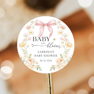 Pink Bow Baby In Bloom Baby Shower Sticker Runt Klistermärke