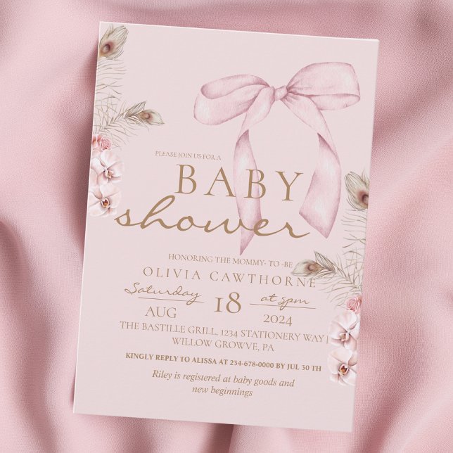 Pink Bow Baby Shower Blush Pink Inbjudningar (Skapare uppladdad)