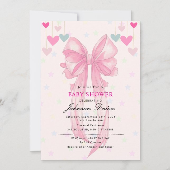 Pink Bow Baby Shower | Elegant Watercolr Inbjudningar (Framsida)